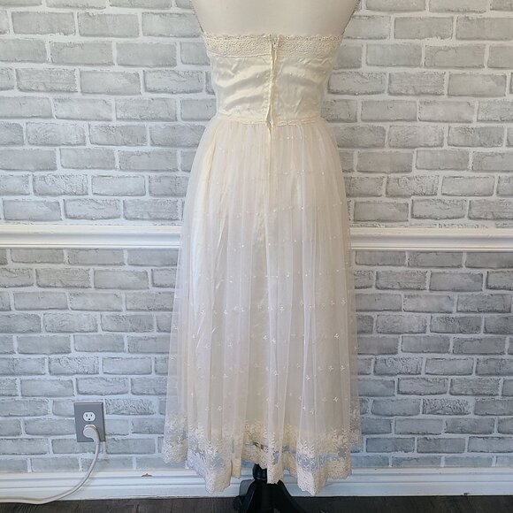 Vintage Handmade Satin Lace Sleeveless Tea Length Wedding Dress Cocktail Prom - Picture 2 of 12